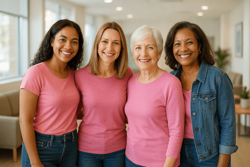 Four women of different ages standing together, illustrating who should be getting regular mammograms and breast screenings.