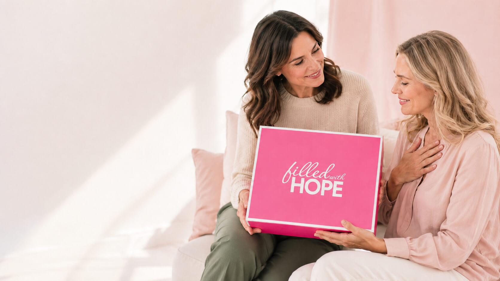 Two women standing together against a soft pink background, one resting a hand on the other's arm.