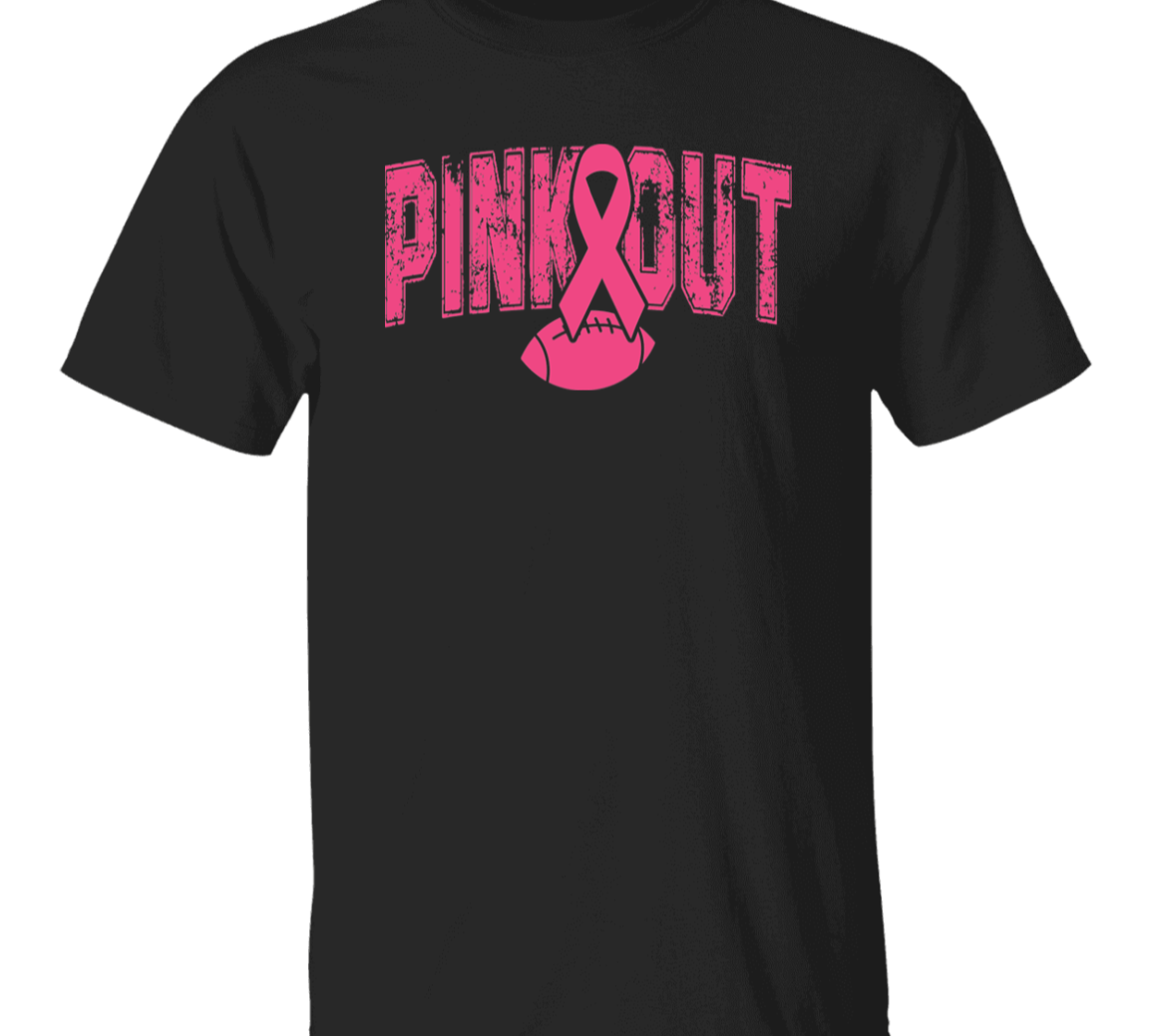 A black short-sleeve crewneck t-shirt featuring a pink graphic on the front with the text 'PINK OUT' in a distressed font, integrated with a pink awareness ribbon and football design.
