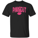 A black short-sleeve crewneck t-shirt featuring a pink graphic on the front with the text 'PINK OUT' in a distressed font, integrated with a pink awareness ribbon and football design.