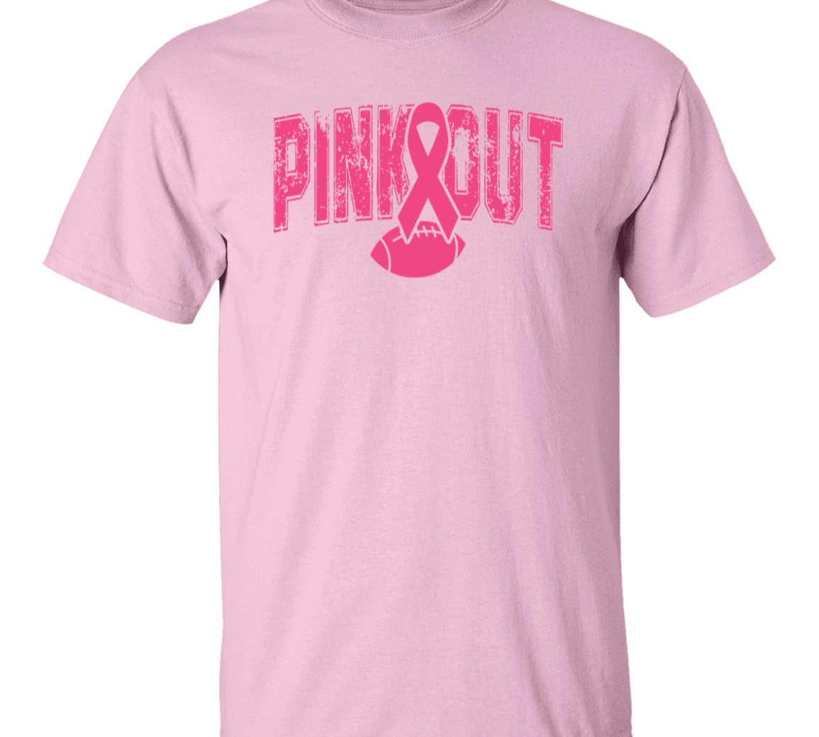 A pink short-sleeve crewneck t-shirt featuring a pink graphic on the front with the text 'PINK OUT' in a distressed font, integrated with a pink awareness ribbon and football design.