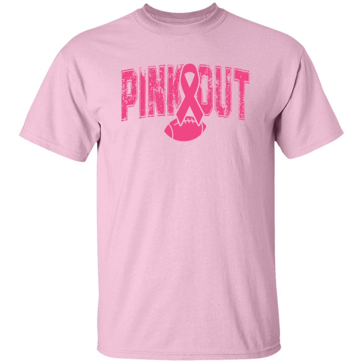 A pink short-sleeve crewneck t-shirt featuring a pink graphic on the front with the text 'PINK OUT' in a distressed font, integrated with a pink awareness ribbon and football design.