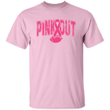 A pink short-sleeve crewneck t-shirt featuring a pink graphic on the front with the text 'PINK OUT' in a distressed font, integrated with a pink awareness ribbon and football design.