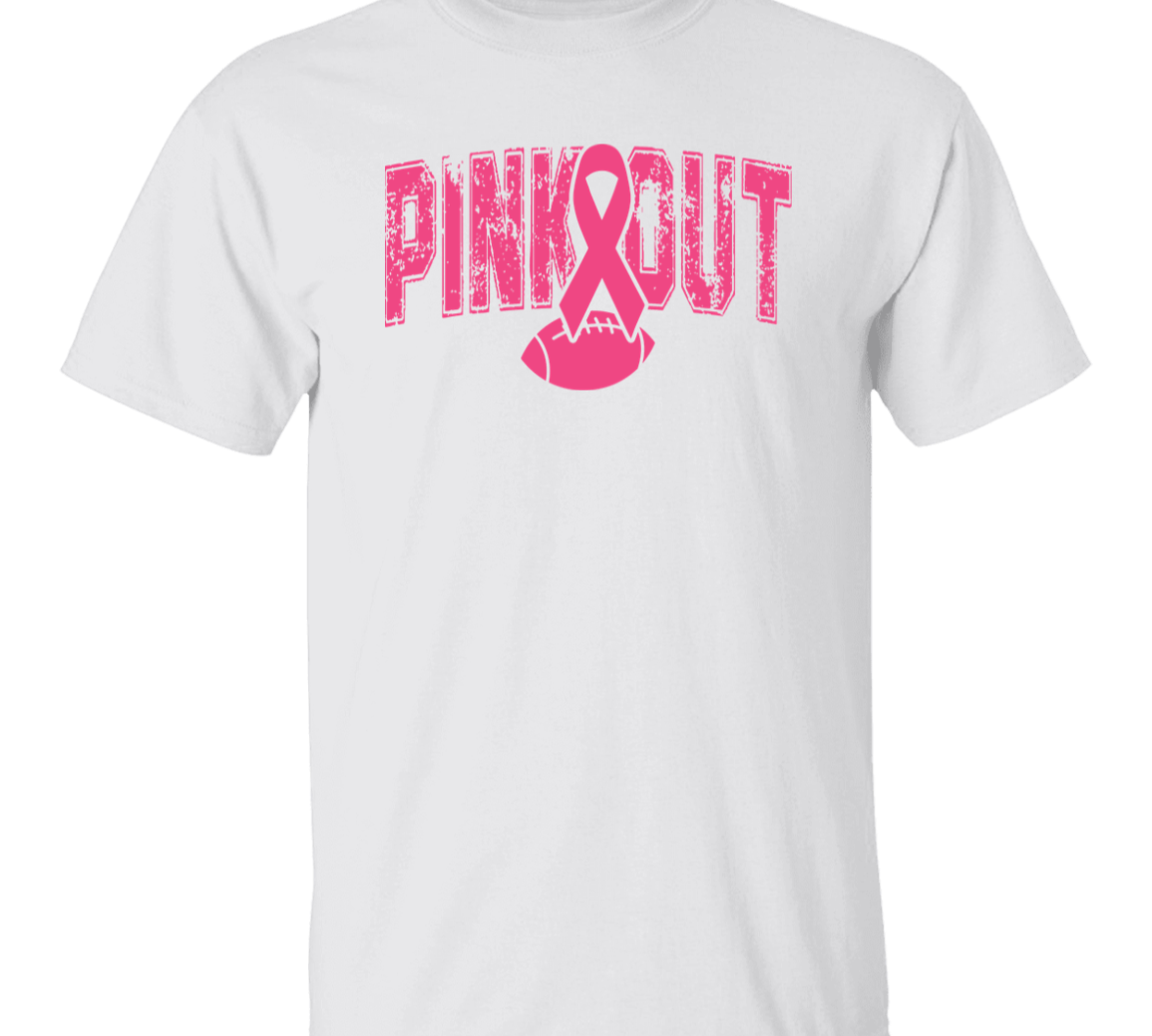 A white short-sleeve crewneck t-shirt featuring a pink graphic on the front with the text 'PINK OUT' in a distressed font, integrated with a pink awareness ribbon and football design.