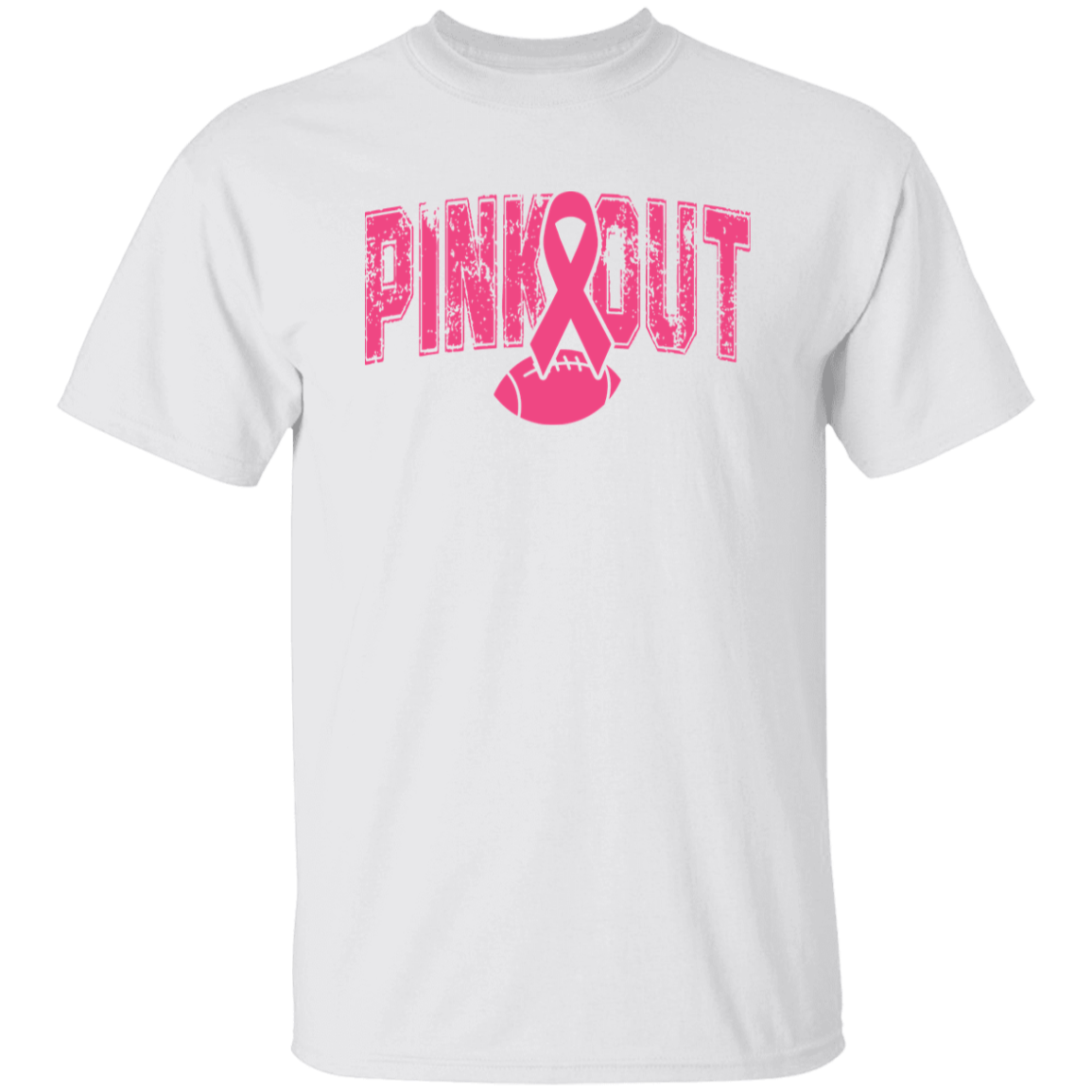 A white short-sleeve crewneck t-shirt featuring a pink graphic on the front with the text 'PINK OUT' in a distressed font, integrated with a pink awareness ribbon and football design.