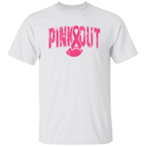 A white short-sleeve crewneck t-shirt featuring a pink graphic on the front with the text 'PINK OUT' in a distressed font, integrated with a pink awareness ribbon and football design.