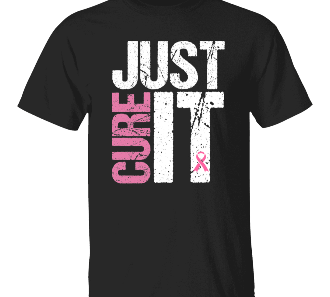 black short sleeve shirt with the words, "Just Cure It" in white and pink block letters.