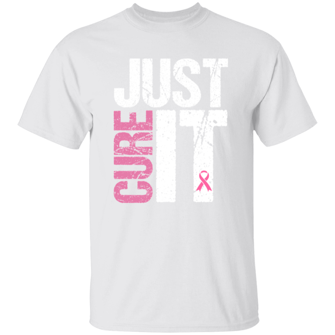White short sleeve shirt with the words, "Just Cure It" in white and pink block letters.