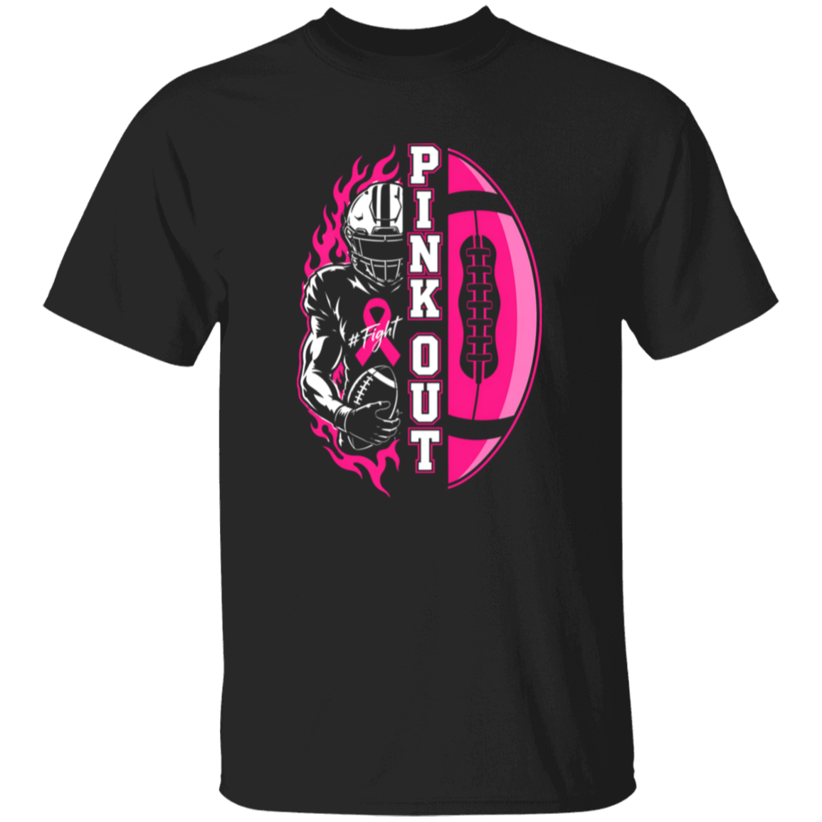 black graphic t-shirt with a football player holding a football beside the words "Pink Out" and a blazing football