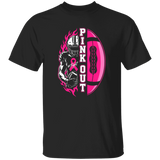 black graphic t-shirt with a football player holding a football beside the words "Pink Out" and a blazing football