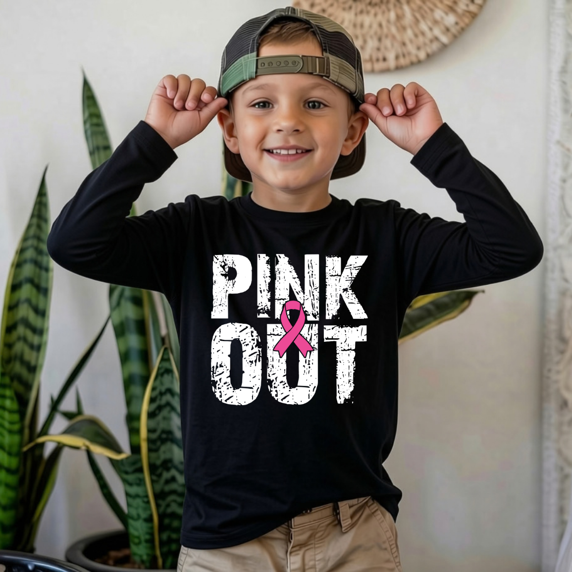 A smiling young boy wearing a black long-sleeve t-shirt with a 'PINK OUT' graphic and a camouflage baseball cap, posing indoors with his hands on his ears.