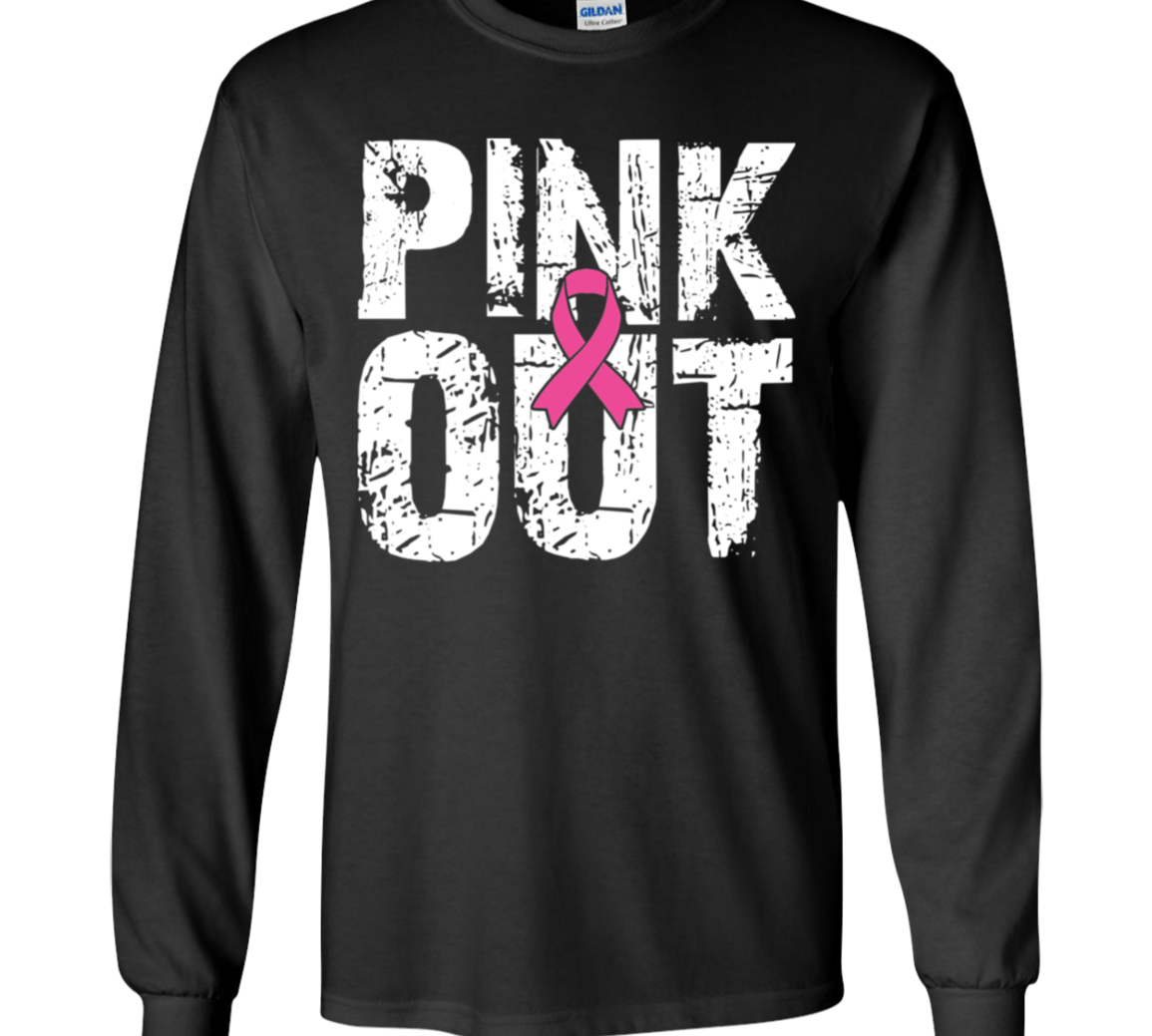 a black long-sleeve t-shirt with a 'PINK OUT' graphic