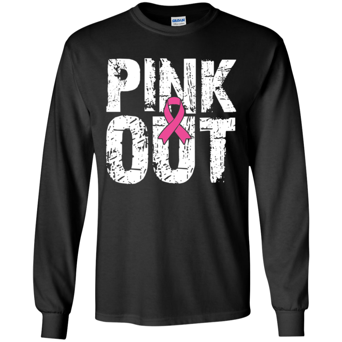 a black long-sleeve t-shirt with a 'PINK OUT' graphic