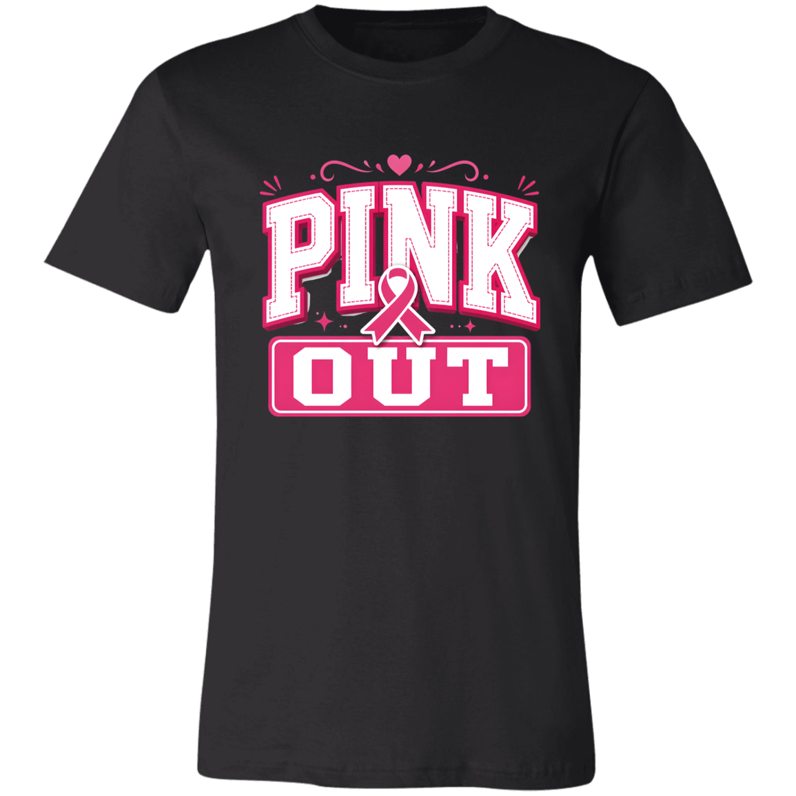 a black graphic T-shirt that reads 'PINK OUT' in white and pink lettering with a pink ribbon. 