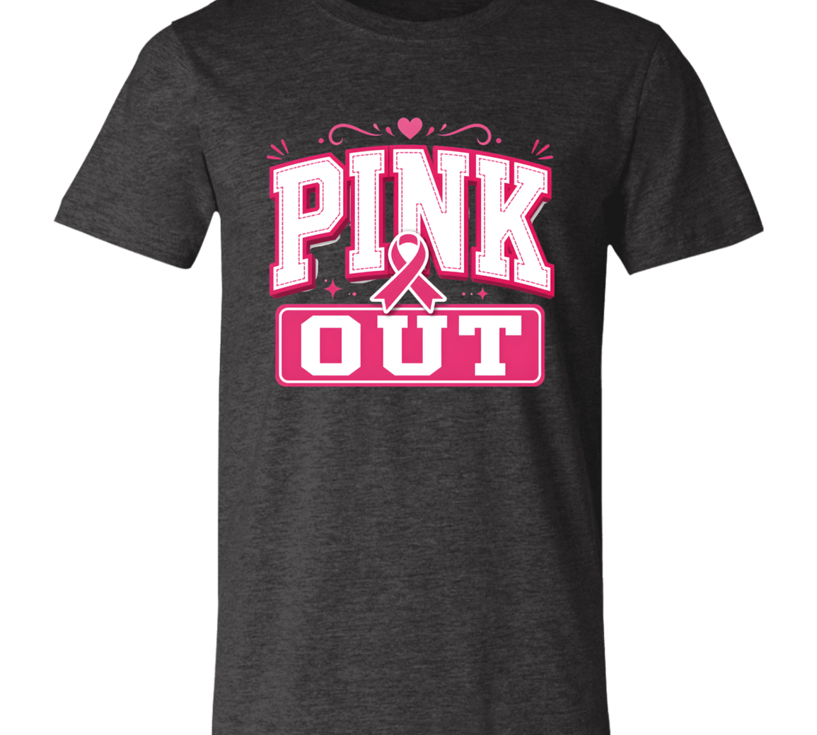 a dark heather grey graphic T-shirt that reads 'PINK OUT' in white and pink lettering with a pink ribbon. 