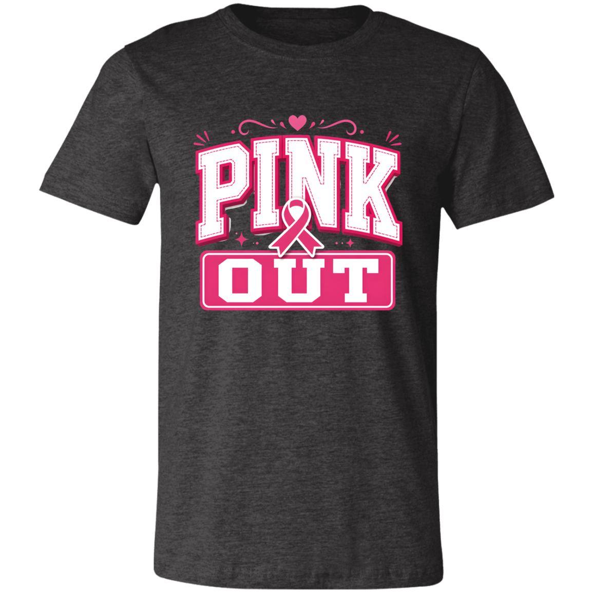 a dark heather grey graphic T-shirt that reads 'PINK OUT' in white and pink lettering with a pink ribbon. 