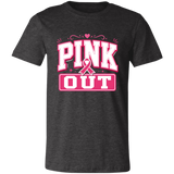 a dark heather grey graphic T-shirt that reads 'PINK OUT' in white and pink lettering with a pink ribbon. 