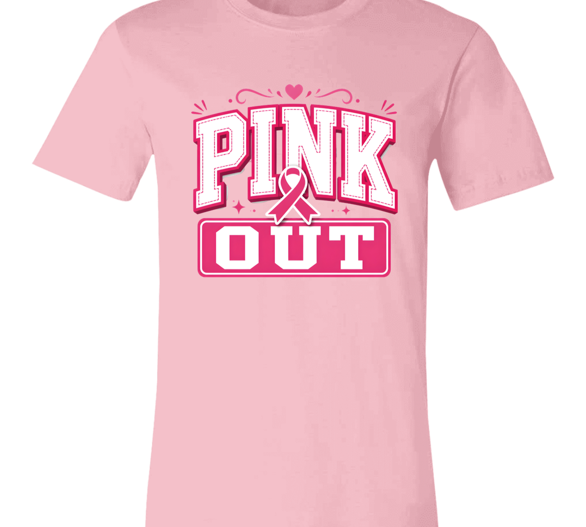 a pink graphic T-shirt that reads 'PINK OUT' in white and pink lettering with a pink ribbon. 