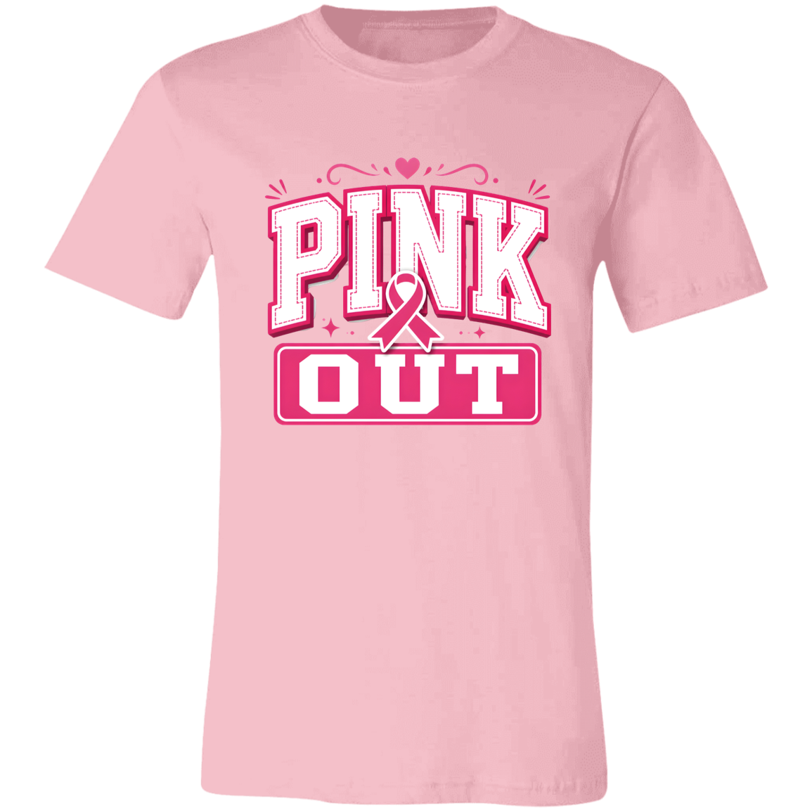 a pink graphic T-shirt that reads 'PINK OUT' in white and pink lettering with a pink ribbon. 