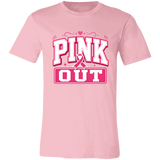 a pink graphic T-shirt that reads 'PINK OUT' in white and pink lettering with a pink ribbon. 