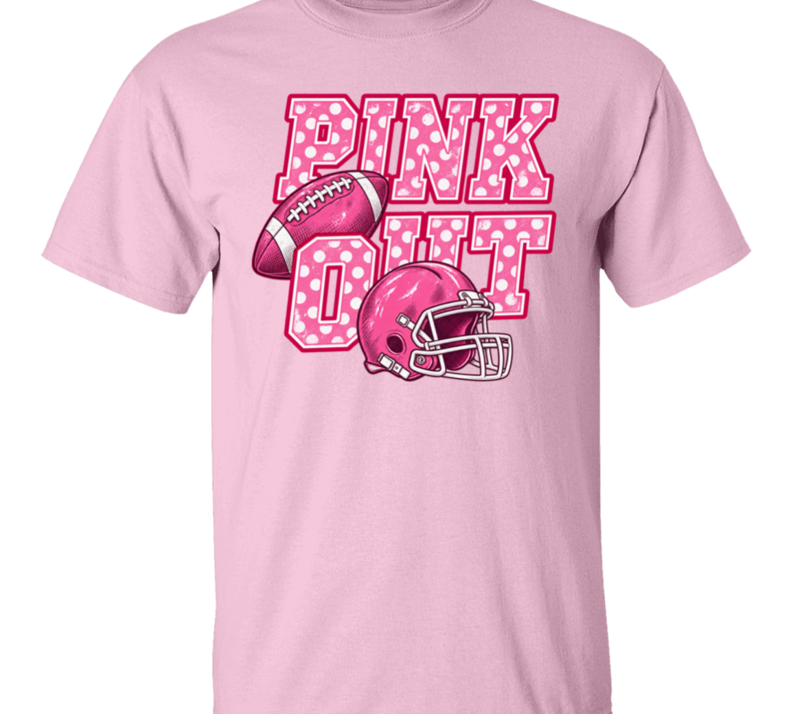short sleeve graphic tshirt with the words "Pink Out" filled in with polka dots.