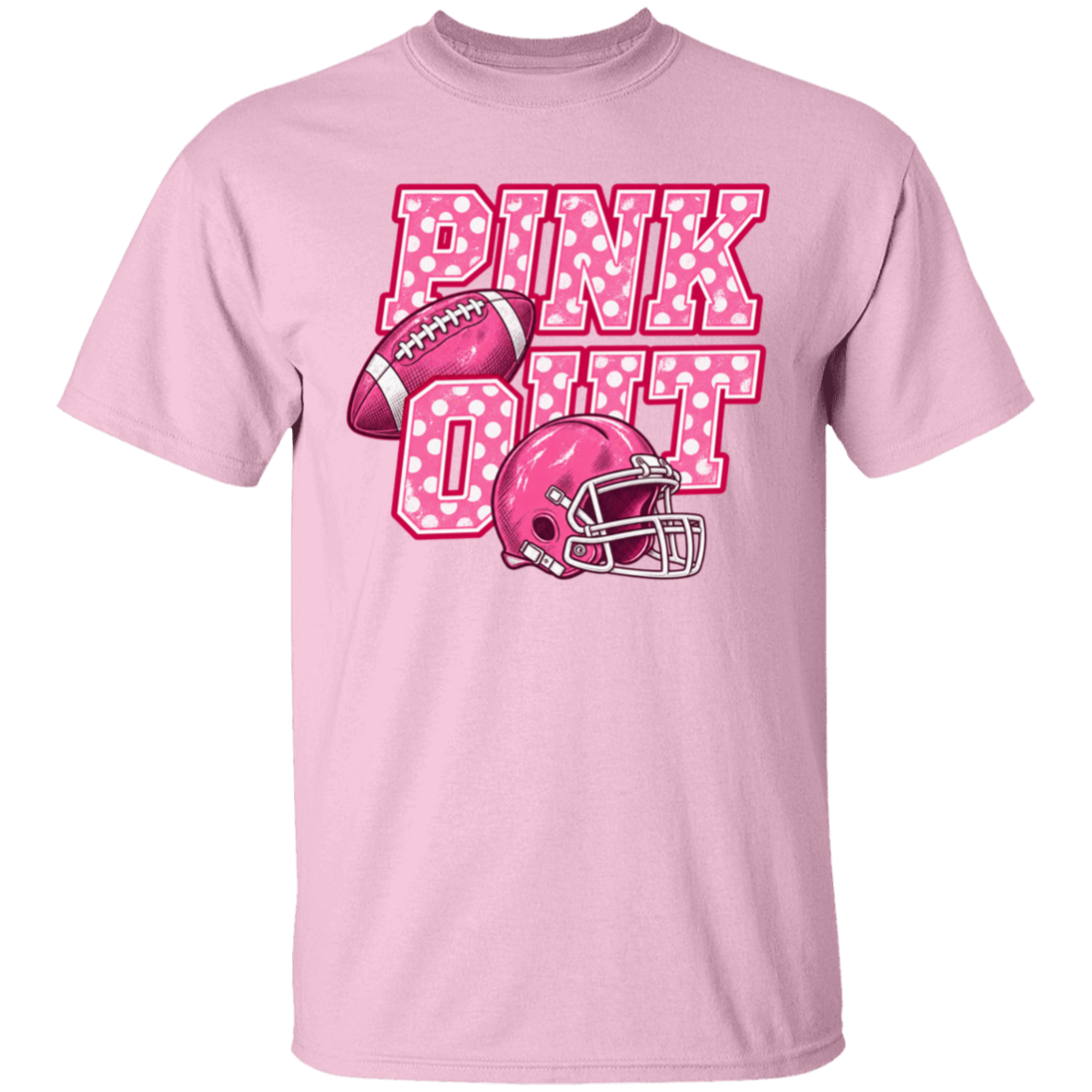 short sleeve graphic tshirt with the words "Pink Out" filled in with polka dots.