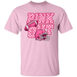 short sleeve graphic tshirt with the words "Pink Out" filled in with polka dots.