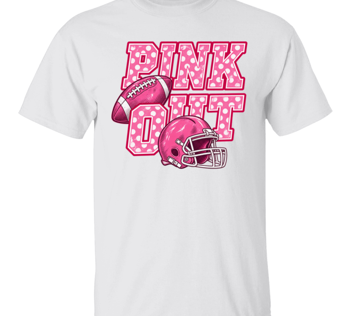 short sleeve graphic tshirt with the words "Pink Out" filled in with polka dots.