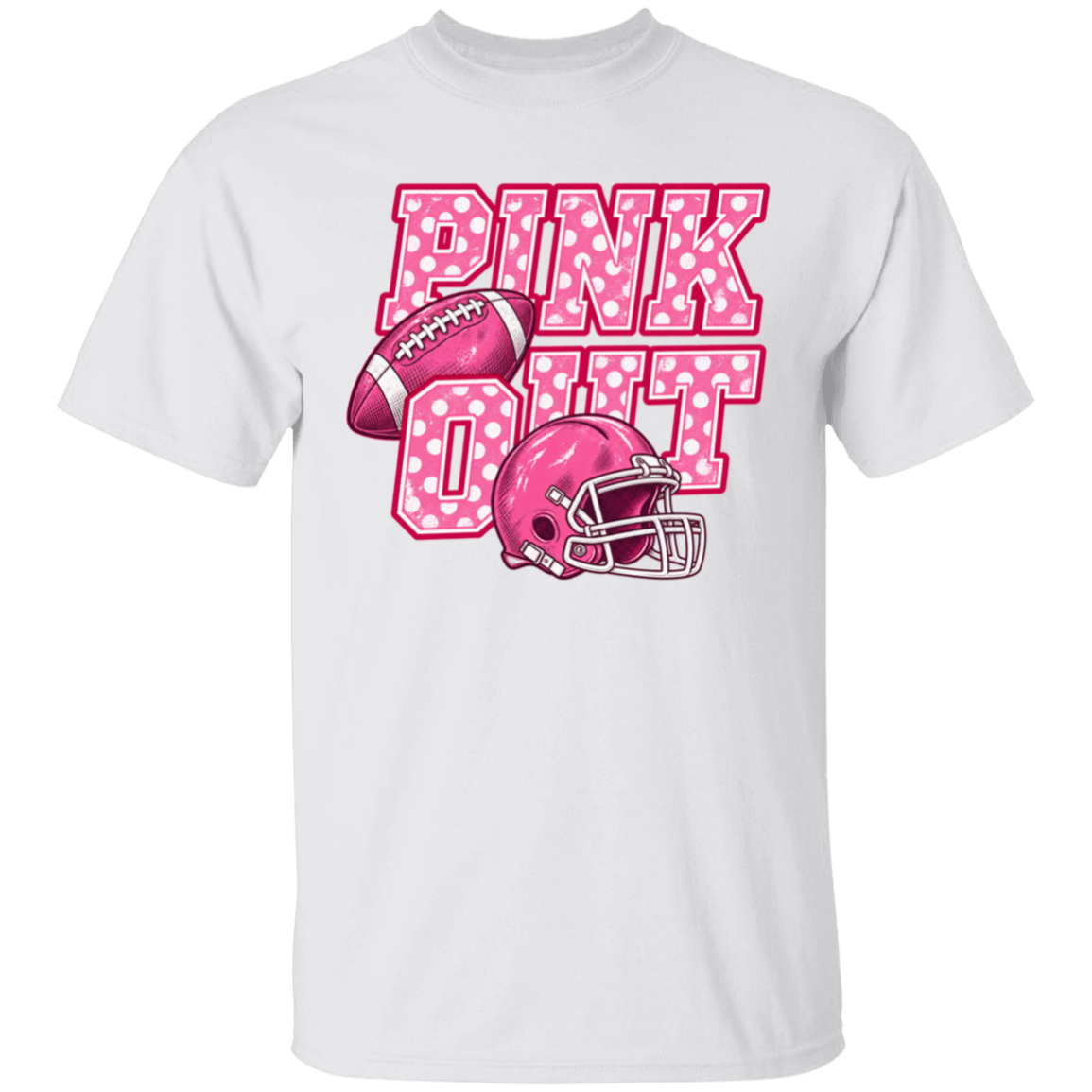 short sleeve graphic tshirt with the words "Pink Out" filled in with polka dots.
