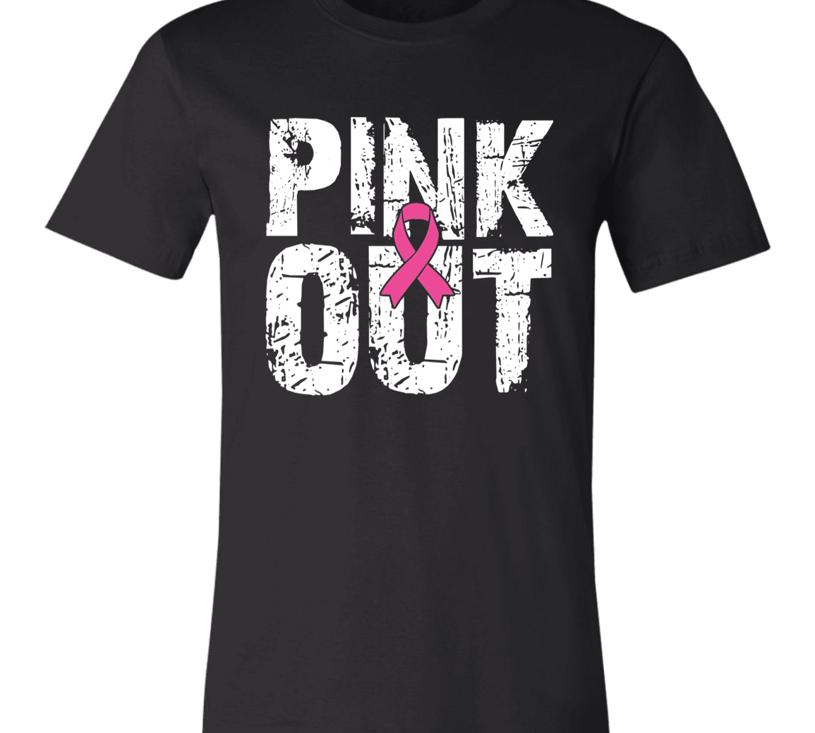 Graphic t-shirt with the words "Pink Out" in distressed white font.
