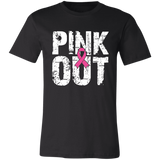 Graphic t-shirt with the words "Pink Out" in distressed white font.