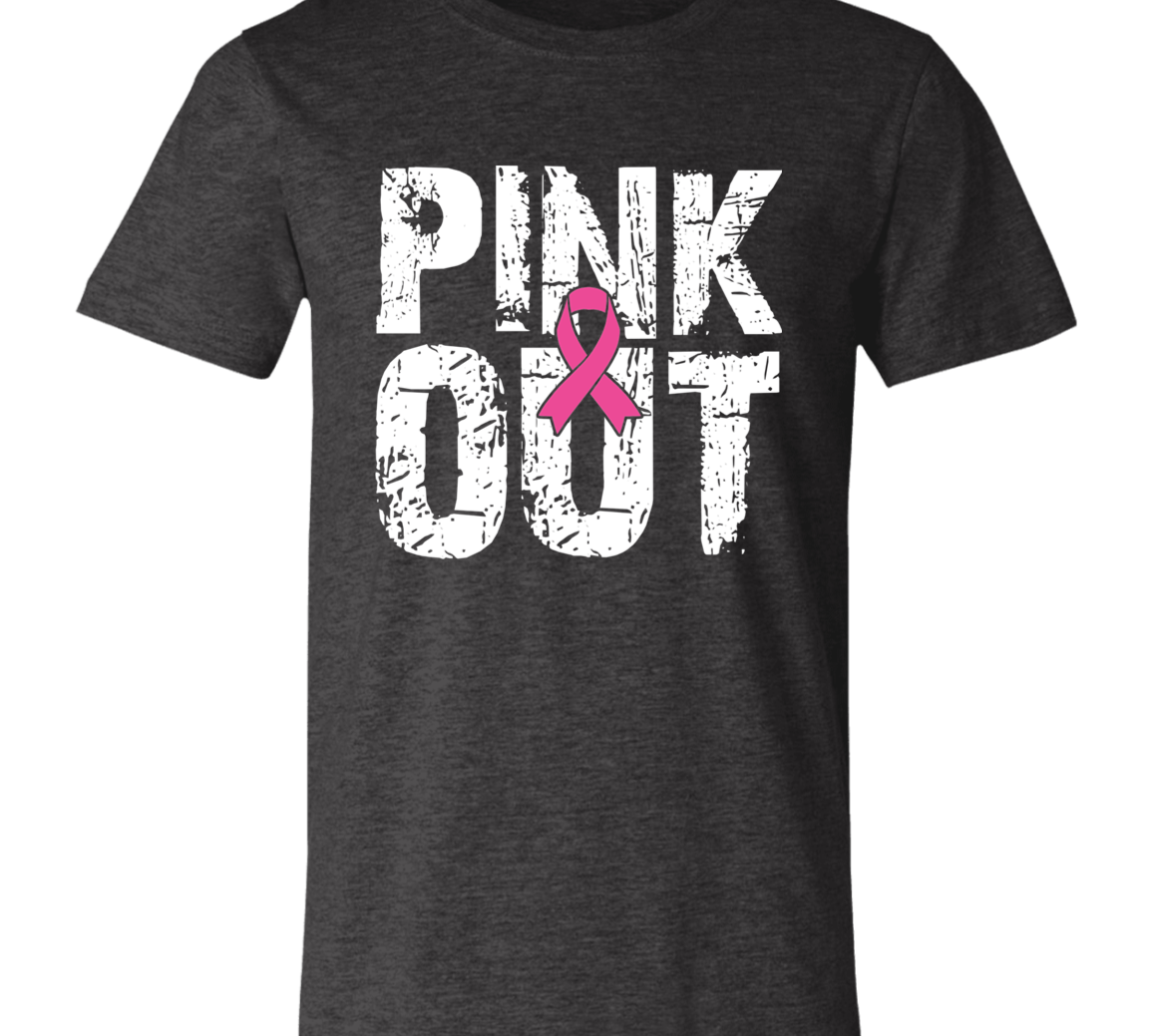 Graphic t-shirt with the words "Pink Out" in distressed white font.