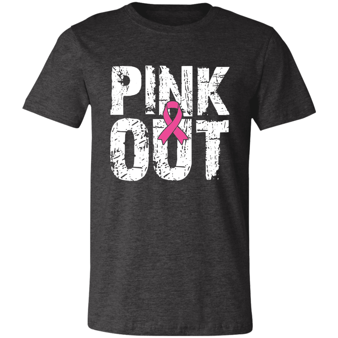 Graphic t-shirt with the words "Pink Out" in distressed white font.