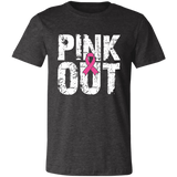 Graphic t-shirt with the words "Pink Out" in distressed white font.