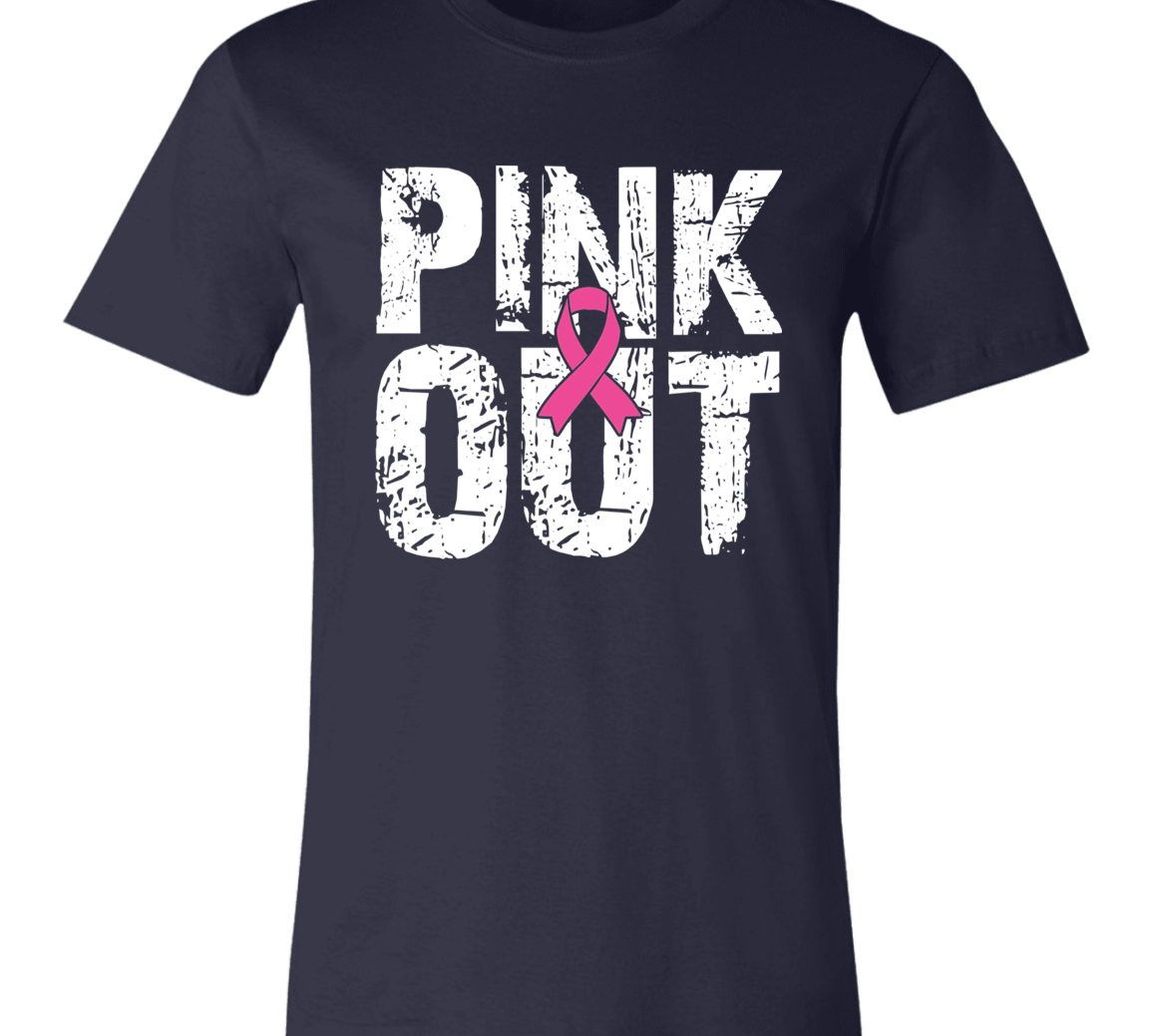 Graphic t-shirt with the words "Pink Out" in distressed white font.