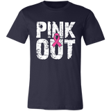 Graphic t-shirt with the words "Pink Out" in distressed white font.