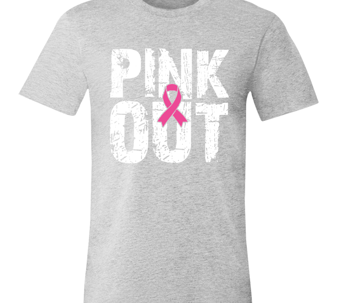 Graphic t-shirt with the words "Pink Out" in distressed white font.