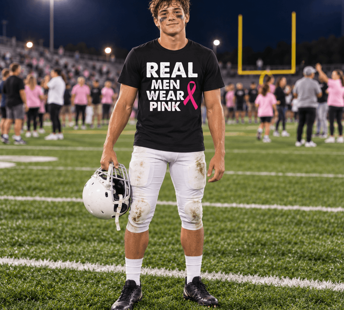 A football player on a field at night wearing a black graphic T-shirt that reads 'REAL MEN WEAR PINK' with a pink ribbon, white pants, and holding a helmet.