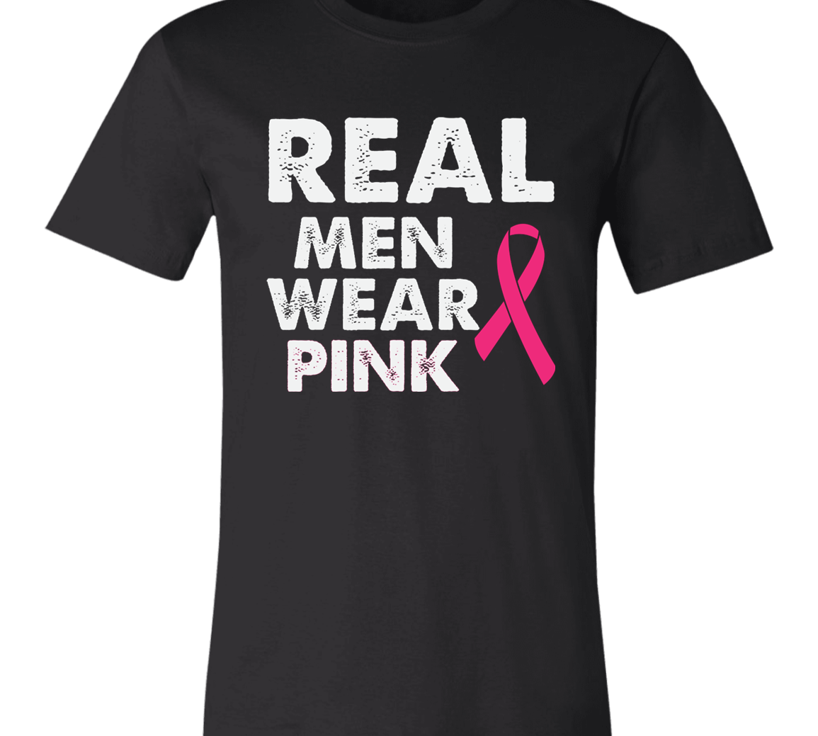 a black graphic T-shirt that reads 'REAL MEN WEAR PINK' with a pink ribbon