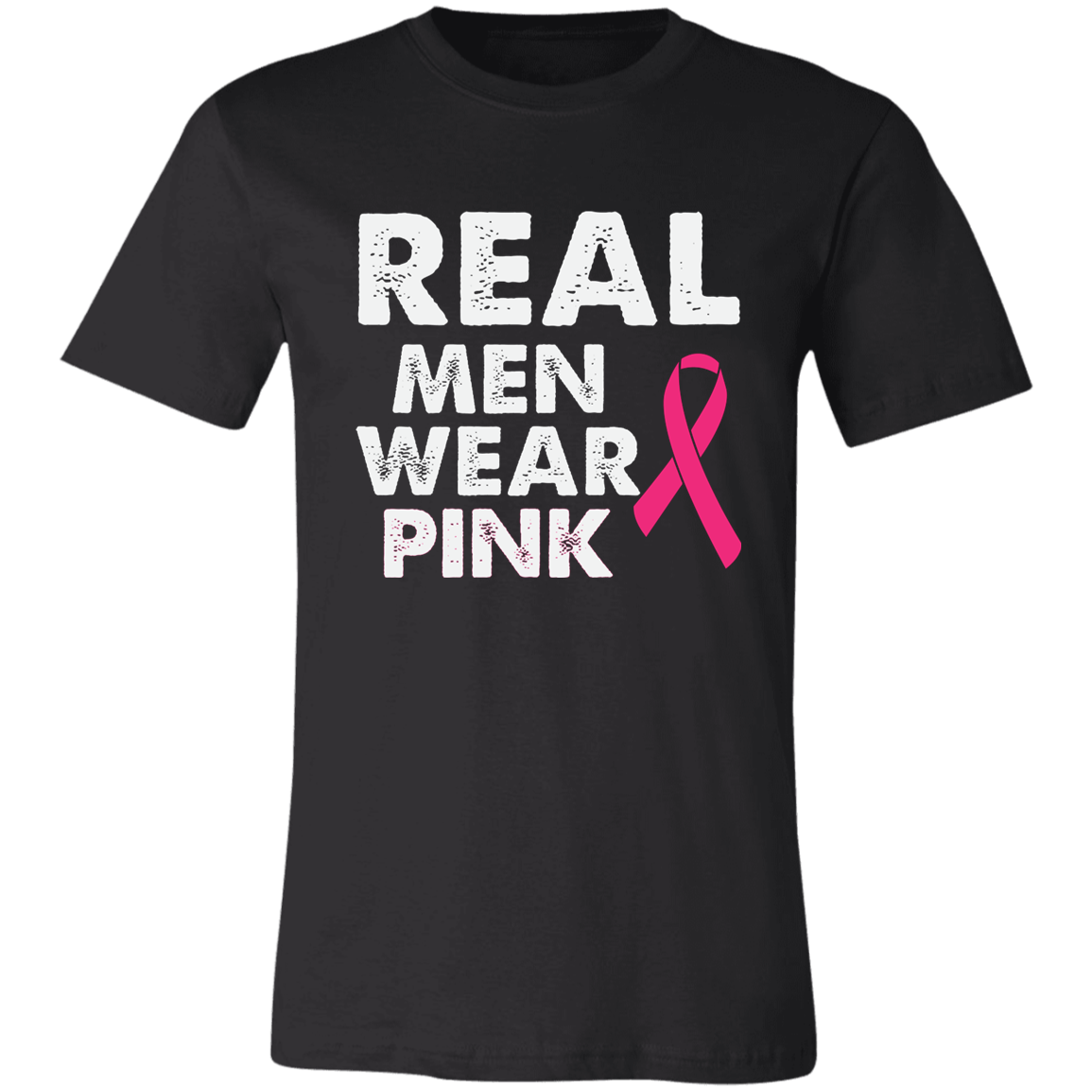 a black graphic T-shirt that reads 'REAL MEN WEAR PINK' with a pink ribbon