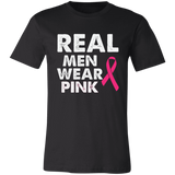 a black graphic T-shirt that reads 'REAL MEN WEAR PINK' with a pink ribbon