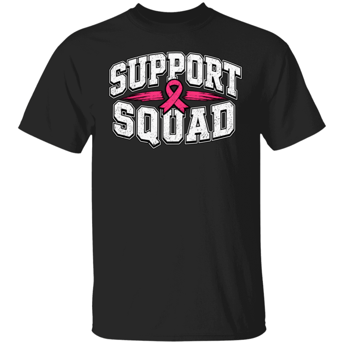 a black graphic T-shirt with the words 'SUPPORT SQUAD' and a pink ribbon across the chest