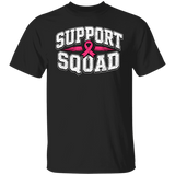 a black graphic T-shirt with the words 'SUPPORT SQUAD' and a pink ribbon across the chest
