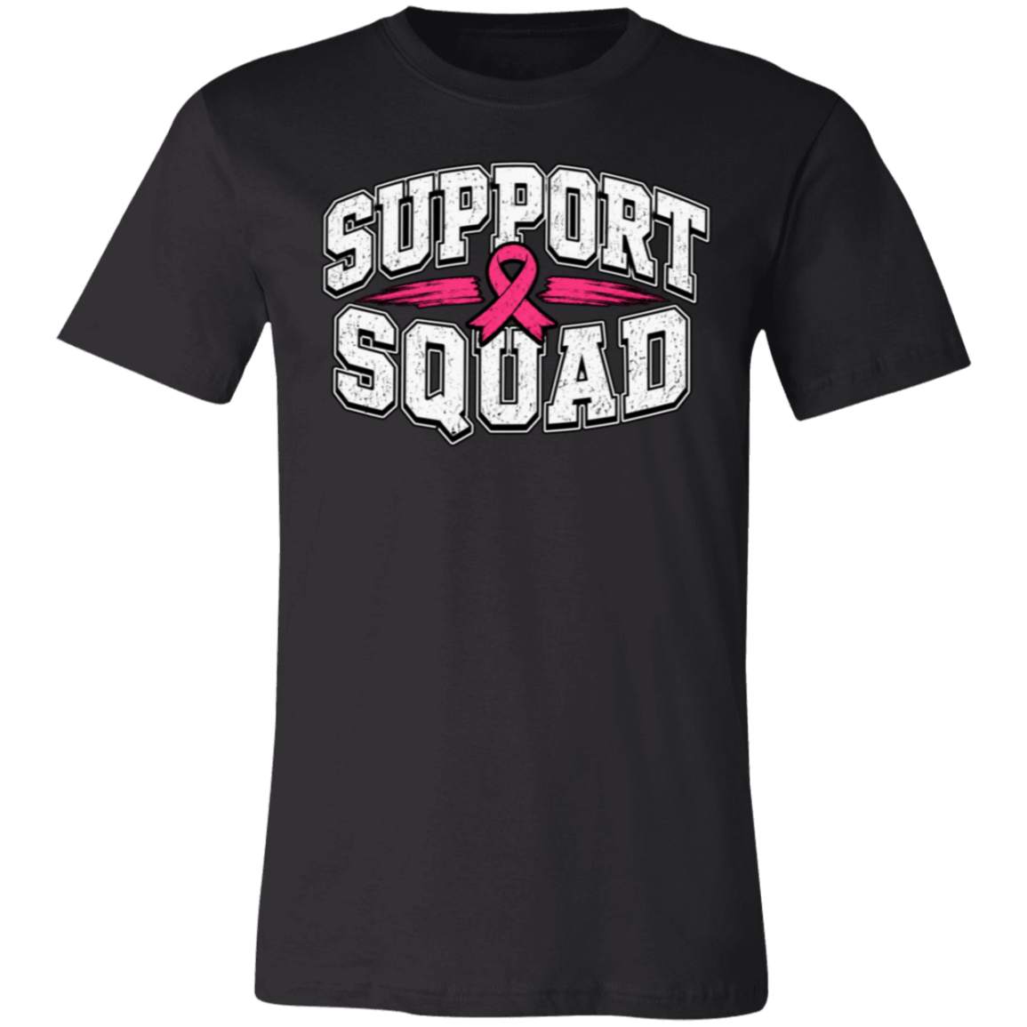 a black t-shirt with the words, "Support Squad" in block letters with a pink ribbon.