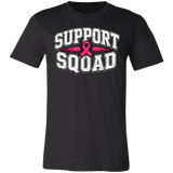 a black t-shirt with the words, "Support Squad" in block letters with a pink ribbon.