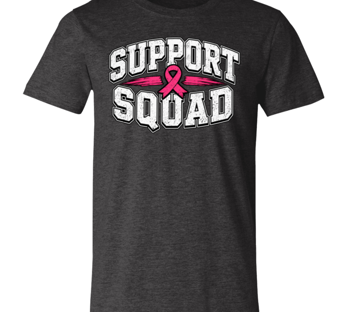 a dark heather grey t-shirt with the words, "Support Squad" in block letters with a pink ribbon.