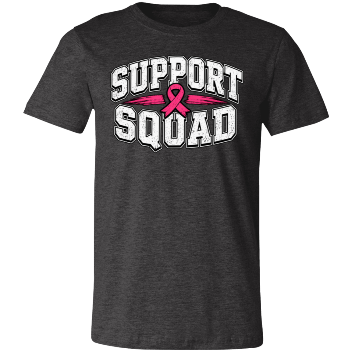 a dark heather grey t-shirt with the words, "Support Squad" in block letters with a pink ribbon.