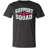 a dark heather grey t-shirt with the words, "Support Squad" in block letters with a pink ribbon.