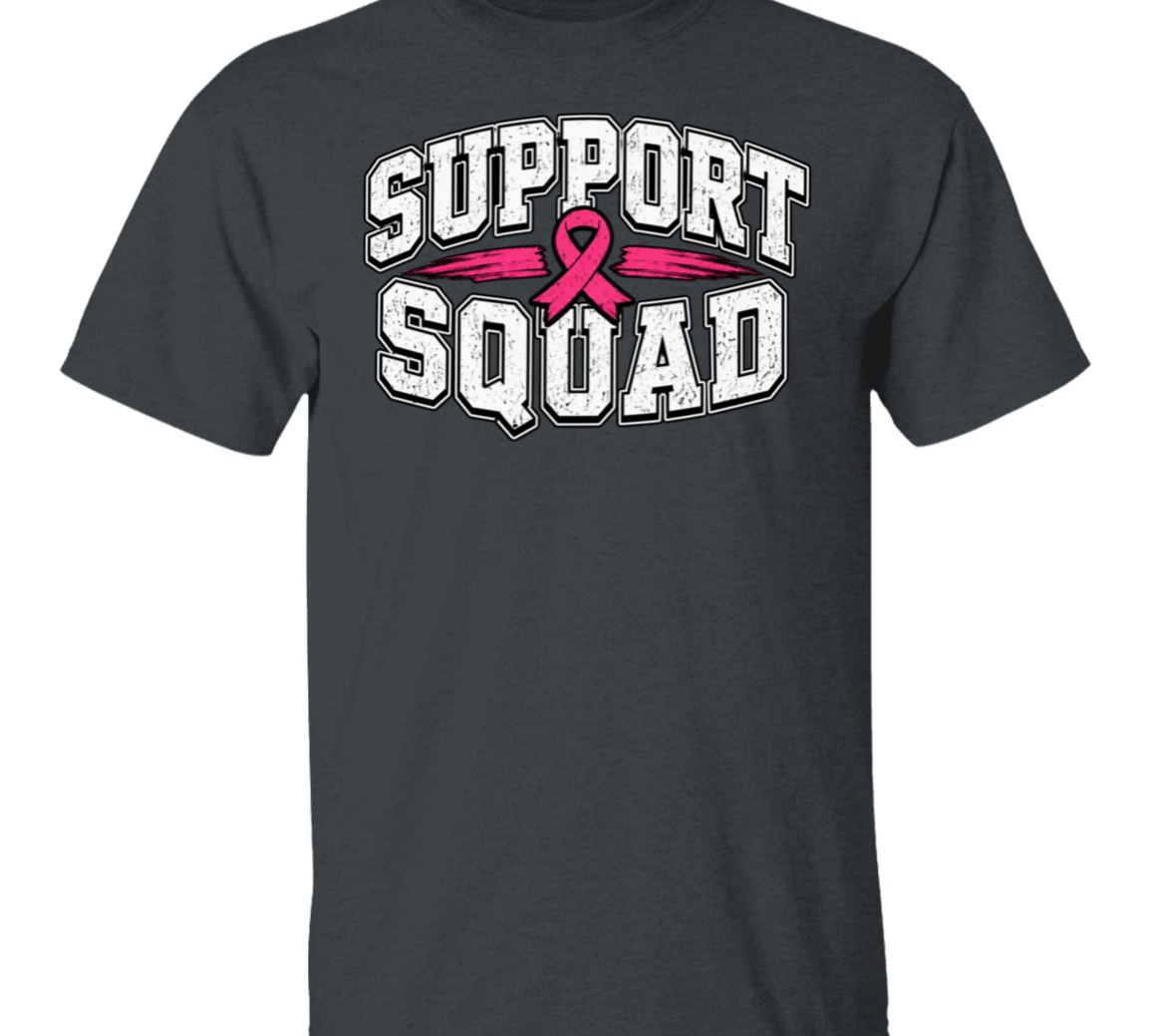 a dark heather grey graphic T-shirt with the words 'SUPPORT SQUAD' and a pink ribbon across the chest