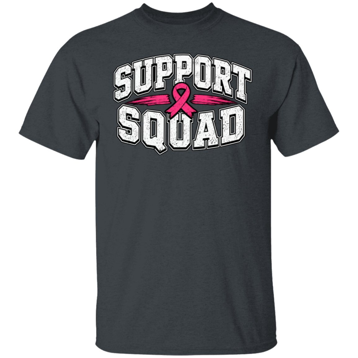 a dark heather grey graphic T-shirt with the words 'SUPPORT SQUAD' and a pink ribbon across the chest